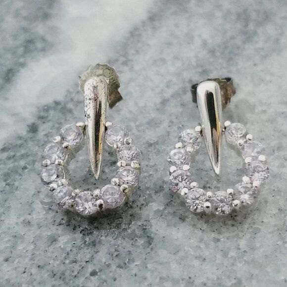 Vintage Sterling Silver Sparkly Rhinestone Post Earrings with Drop Hoop, Estate - Picture 1 of 7